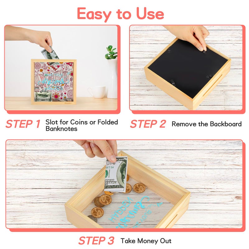 HuaArt Piggy Bank for Kids. Wooden Money Coin Bank for Boys and Girls. Coin Bank Money Bank. Natural Wood Money Box. Printed on The Plexiglass Front-Make Your Dreams Happen. - Image 4